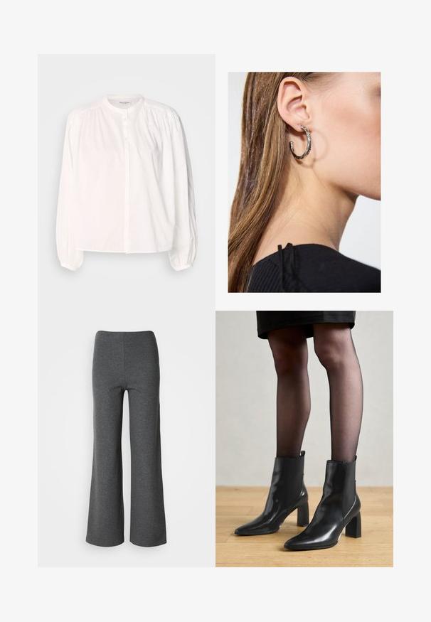 White long-sleeve blouse with a round neckline, button closure, and gathered detailing on the shoulders. Smooth cotton fabric.; Gray wide-leg trousers made of soft fabric, featuring a smooth texture and a high-waisted design with no visible fastenings.; Black leather ankle boots with a pointed toe, chunky square heel, and sleek design. Features elastic side panels for easy wear.; Silver hoop earring with a polished finish, featuring small gold accent details and a round shape, worn on the lobe.