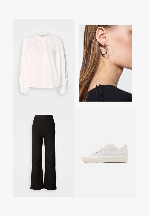 Blusa branca de manga longa com gola redonda, fecho com botões e detalhe franzido nos ombros. Tecido de algodão suave.; Calças largas pretas com uma textura suave, cintura alta e um design clean. Sem bolsos visíveis ou adornos.; Sapatilhas de canvas brancas com um parte superior texturizada, biqueira arredondada, sola plana e fecho de atacadores. Apresentam um colar ligeiramente desfalcado e uma aba de puxar.; Brinco de argola prateada com acabamento polido, apresentando pequenos detalhes em dourado e uma forma redonda, usado na orelha.