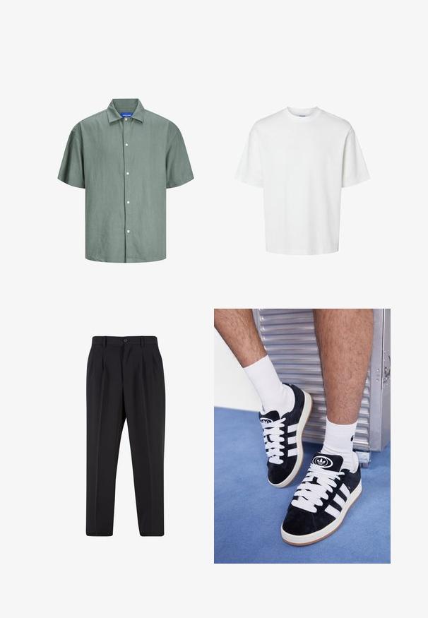 Kurzärmeliges, grünes Hemd mit Knöpfen aus leichtem Stoff. Verfügt über einen klassischen Kragen und weiße Knöpfe auf der Vorderseite. Lässiges Design.; Weißes Baumwoll-T-Shirt mit kurzen Ärmeln, Rundhalsausschnitt und lässigem Schnitt. Glatte Textur ohne sichtbare Muster oder Akzente.; Schwarze Hose mit plissiertem Vorderdesign, aus glattem Stoff gefertigt. Mit Knopfverschluss und Gürtelschlaufen; gerade Passform.; Schwarze Wildledersneaker mit weißen Schnürsenkeln und drei weißen Streifen. Verfügt über ein kreisförmiges schwarzes Logo auf der Zunge und eine Gummisohle.