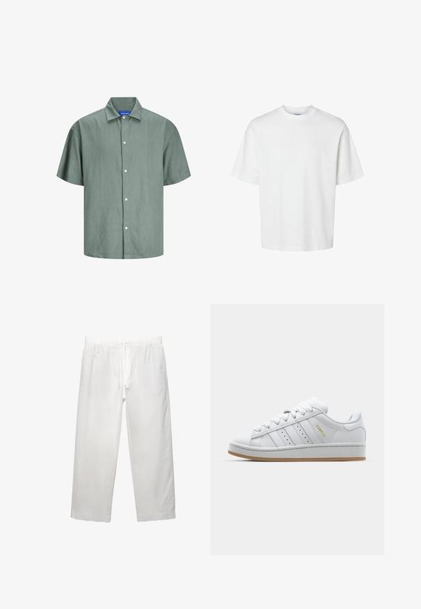 Krátky rukáv, zelená košeľa na gombíky vyrobená z ľahkej látky. Obsahuje klasický golier a biele gombíky na prednej strane. Neformálny dizajn.; Biele bavlnené tričko s krátkymi rukávmi, okrúhlym výstrihom a voľným strihom. Hladká textura bez viditeľných vzorov alebo akcentov.; Biele ľanové nohavice s elastickým pásom a šnúrkou, širokým strihom a čistými švami. Hladká textúra s ležérnym strihom.; Biele tenisky s perforovaným dizajnom trojprúžku, textúrovanými akcentmi, gumovou podrážkou a zlatým logom "CAMPUS" na boku.