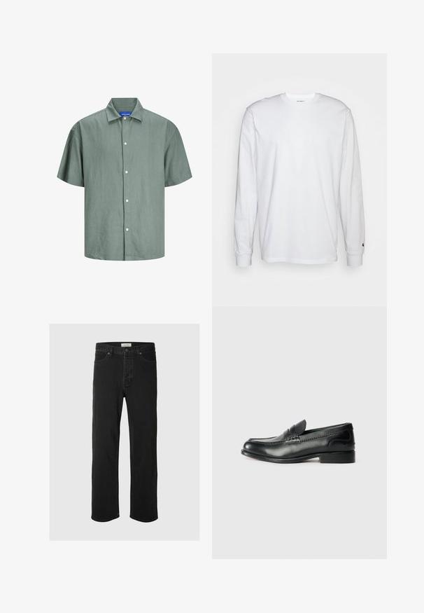 Zelena srajca s kratkimi rokavi, izdelana iz lahkega materiala. Ima klasičen ovratnik in bele gumbe spredaj. Prijetna zasnova.; Bela dolgimi rokavi majica iz bombaža. Oblika s krožnim izrezom z rebrastimi manšetami in majhnim logotipom na levi rokavu. Gladka tekstura.; Črne usnjene naravne hlače imajo klasičen pet-žepni dizajn z gumbom za zapiranje, minimalnim šivanjem in mehkim občutkom.; Črni usnjeni loafersi z gladko površino, šivanim detajlom čez vamp in rahlo dvignjenim peto.