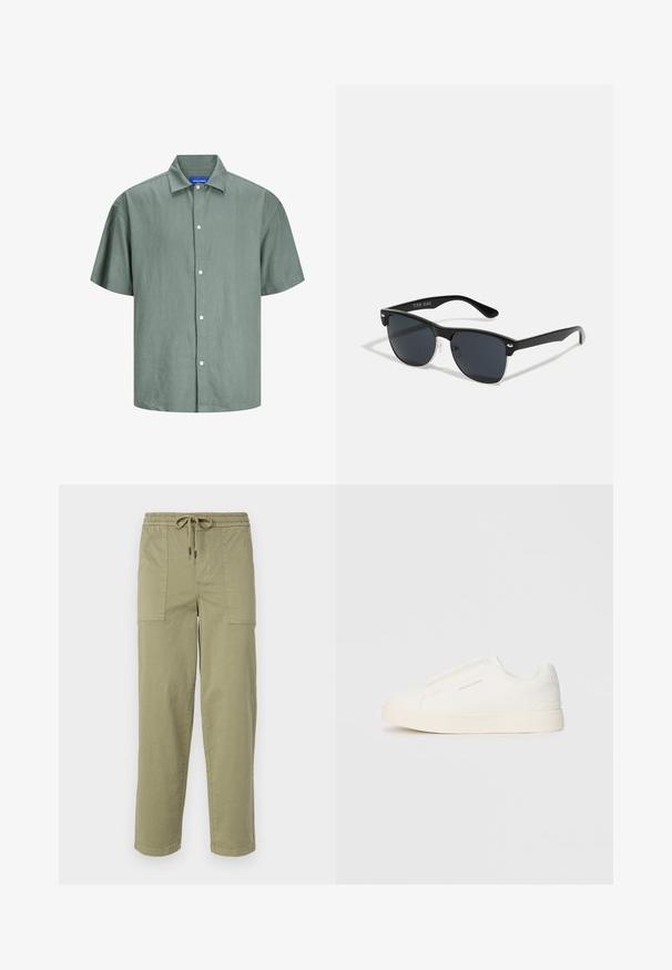 Īsām piedurknēm zaļa krekls ar pogām, kas izgatavots no viegla auduma. Tam ir klasiskā apkakle un baltas pogas priekšpusē. Ikdienišķs dizains.; Gaišolīci zaļas bikses no kokvilnas maisījuma auduma, ar elastīgu jostu un saiti, kā arī divām lielām sānu kabatām.; Baltas slip-on sporta apavi ar teksturētu virsmu, biezu zoli un minimālistisku dizainu. Sānos redzams zīmola logotips.; Melnas saulesbrilles ar taisnstūra formu, tumšiem stenģiem, sudraba akcentiem pie tempļiem un matētu apdari uz rāmja.