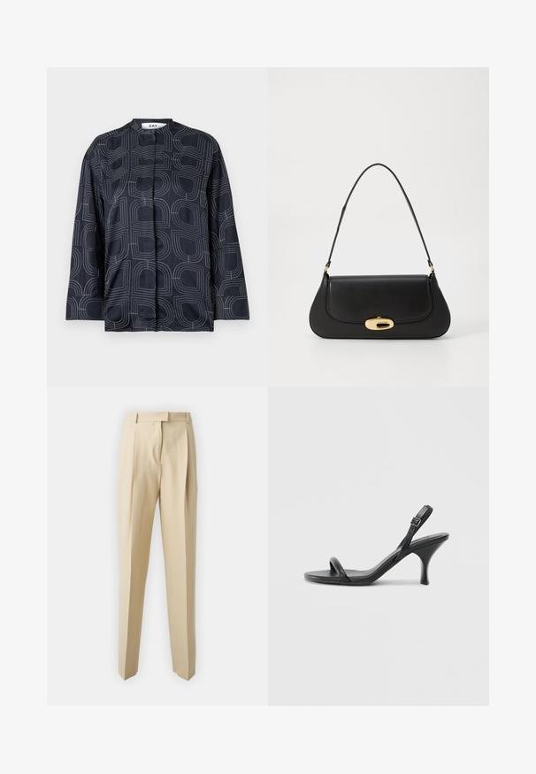 Mornarska bluza s geometrijskim bijelim uzorkom, s mandarin ovratnikom i dugim rukavima, izrađena od glatkog, sjajnog materijala.; Bež hlače prilagođenog kroja s ravnim rezom, s nabranim detaljima, pojasom i glatkom teksturom. Nema vidljivih džepova ili ukrasnih elemenata.; Crne kožne sandale na visoku petu s tankom, zakrivljenom petom i dizajnom prekriženih traka. Podesiva traka oko gležnja. Glatka tekstura.; Crna kožna torba s zakrivljenim dizajnom, zlatnim detaljima i gornjom drškom. Ima elegantno zatvaranje i glatku teksturu.