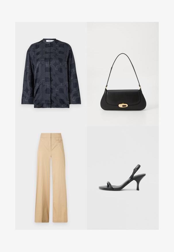 Jūras spēku blūze ar ģeometrisku balto rakstu, kas piedāvā mandarin apkakli un garām piedurknēm, izgatavota no gludas, spīdīgas auduma.; Beige platajuma bikses, kas izgatavotas no kokvilnas maisījuma auduma. Tām ir gluda tekstūra, elastīga josta un sānu pogu detaļa.; Melnas ādas augstpapēžu sandales ar plānu, izliekta formas papēdi un krustenisku siksnu dizainu. Regulējama potītes siksna. Gluda tekstūra.; Melna ādas rokassoma ar izliekta dizaina elementiem, zelta krāsas detaļām un augšējo rokturi. Iezīmējas ar elegantu aizdari un gludu faktūru.