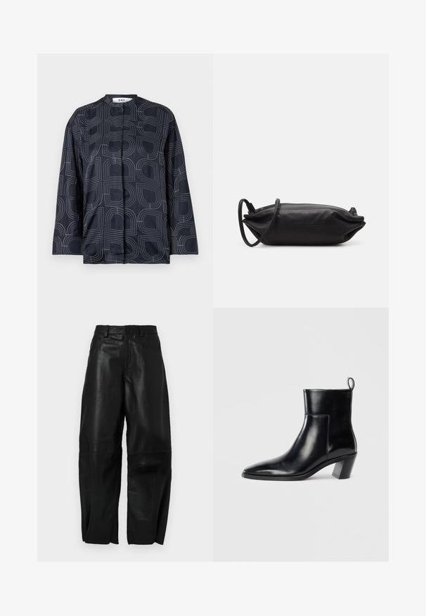Navy blouse with a geometric white pattern, featuring a mandarin collar and long sleeves, made from a smooth, glossy fabric.; Black leather pants with a loose fit, featuring a straight leg design, front pockets, and visible stitching details.; Black leather ankle boot with a pointed toe, a geometric stacked heel, and a pull tab at the back. Smooth texture and sleek design.; Black leather clutch bag with a rectangular shape, smooth texture, thin shoulder strap, and minimalistic design.
