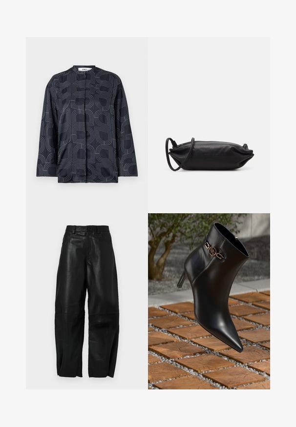 Mornarska bluza s geometrijskim bijelim uzorkom, s mandarin ovratnikom i dugim rukavima, izrađena od glatkog, sjajnog materijala.; Crne kožne hlače s labavim krojem, s ravnim dizajnom nogavica, prednjim džepovima i vidljivim šavnim detaljima.; Crne kožne gležnjače s uskim vrhom i malom potpeticom. Sadrže zlatnu lančanu dekoraciju oko gležnja. Okružene su teksturiranom kamenitom površinom.; Crna kožna torbica za večernje izlaske pravokutnog oblika, glatke teksture, s tankim remenom za rameno i minimalističkim dizajnom.