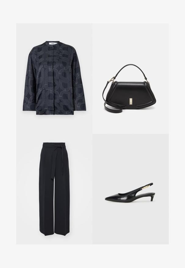 Navy blouse with a geometric white pattern, featuring a mandarin collar and long sleeves, made from a smooth, glossy fabric.; Wide-leg black trousers made of soft fabric. Features a belted waistband and front pleats. Smooth texture with a clean, contemporary design.; Black leather slingback heels with a pointed toe, featuring a slim heel and a gold-tone accent on the adjustable strap. Smooth texture.; Black leather handbag with a structured design, featuring a cropped shape, top handle, and gold hardware accent. Adjustable shoulder strap included.