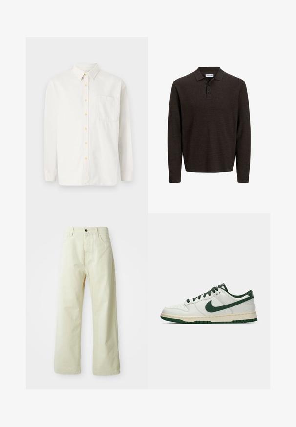 Witte lange mouw shirt gemaakt van een katoenmix, met een button-down kraag, gele knopen en een enkele borstzak. Klassieke pasvorm.; Bruine lange mouwen polo-shirt gemaakt van textuurstof. Beschikt over een klassieke kraag en drie knopen aan de voorkant. Casual pasvorm met geribde manchetten.; Lichtgele, wijde broek van denim, met een sluiting met voorknop, vijf zakken en een rechte, onversierde stijl.; Witte lage sneakers met een donkergroene Nike swoosh, veters en accentkleuren op de zool, weergegeven in profiel op een effen witte achtergrond.