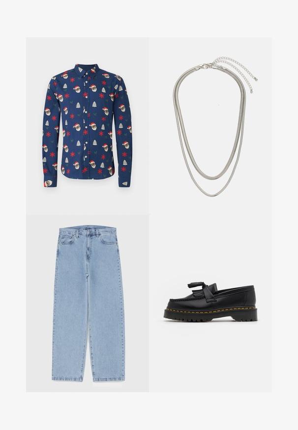 Košeľa s dlhým rukávom v námorníckej farbe s veselým vzorom s tvárami Santa Clausa, vločkami snehu a vianočnými stromčekmi v červenej a zelenej farbe.; Svetlomodré denimové džínsy s rovnými nohavicami, s polovysokým pásom, piatimi vreckami a zapínaním na gombík a zips.; Čierne kožené loafre s detailom na strapcoch, s masívnou čiernou podrážkou a žltým prešitím pozdĺž okraja. S textúrovaným povrchom.; Trojvrstvový náhrdelník zo strieborného kovu s elegantnými, flexibilnými reťazami s jemným leskom, zabezpečený sponou typu langusta a nastaviteľným reťazcom.