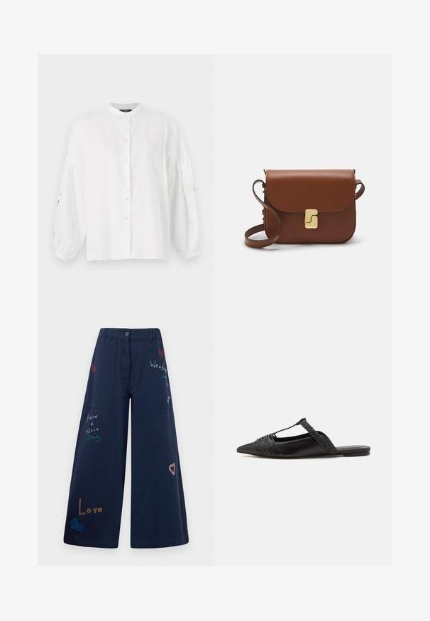 Camicia bianca di lino con colletto alla cinese, chiusura con bottoni e maniche voluminose e arricciate con dettagli ricamati sui polsini.; Pantaloni a gamba larga blu navy in cotone con molteplici tasche. Presentano testi e grafica ricamati colorati, inclusi cuori e frasi giocose.; Scarpa slingback in pelle nera con punta appuntita, con un dettaglio intrecciato e un design superiore plissettato. Suola piatta con hardware minimale.; Borsa a tracolla in pelle marrone con chiusura a pattina, hardware color oro, tracolla e una finitura liscia. Forma rettangolare compatta.