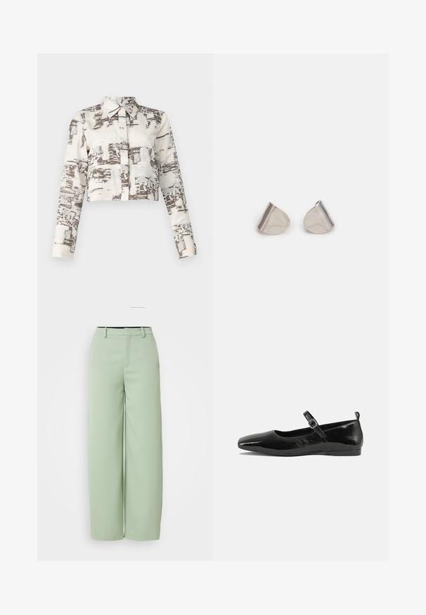 Cropped button-up shirt with long sleeves, featuring a beige fabric decorated with abstract brown patterns. Includes a traditional collar.; Light green wide-leg pants made from smooth fabric. Features a flat front, belt loops, and a tailored fit with no visible hardware.; Black patent leather flat shoe with a pointed toe, an ankle strap with a buckle, and a smooth, shiny texture. Low heel for comfort.; Silver metal earrings with a smooth, teardrop shape and a polished finish. Subtle engravings add detail. Minimalist design.