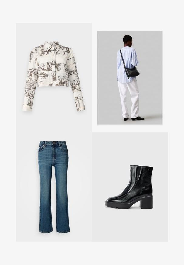 Rövidített, hosszú ujjú ing, amely bézs szövetből készült, absztrakt barna mintázattal díszítve. Hagyományos gallérral rendelkezik.; Magas derekú kék farmernadrág, egyenes szárú dizájnnal, enyhe kopással és normál gombos-zipzáros záródással.; Fekete lakkbőr bokacsizma ívelt orral, elasztikus oldalpanelek és vastag blokk sarkal. A hátsó részen dombornyomott logó található.; Fekete bőr válltáska puha tapintással, háromszög alakú, állítható pánttal, világoskék csíkos inggel és fehér nadrággal párosítva.