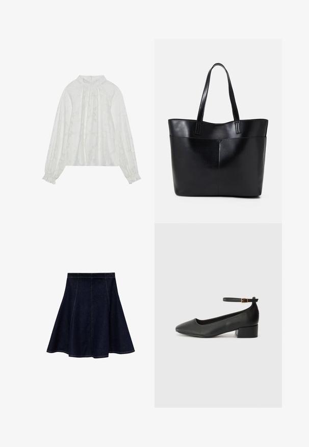 Weiße Bluse mit langen Ärmeln, mit einem strukturierten Blumenmuster, gerafftem Ausschnitt und elastischen Bündchen. Weicher, leichter Stoff.; Dunkelblaue Denim-A-Linien-Rock mit kontrastierendem gelbem Nähten. Verfügt über eine taillierte Taille mit weit auslaufendem Saum, glatter Textur und ohne Verzierungen.; Schwarze Lederpumps mit spitzem Zehenbereich und niedrigem Blockabsatz. Mit einem Knöchelriemen und einer goldfarbenen Schnalle. Glatte Textur.; Schwarze Leder-Shopper-Tasche mit zwei langen Griffen, einer glatten Textur und einer strukturierten Form. Verfügt über eine Vordertasche für zusätzlichen Stauraum.