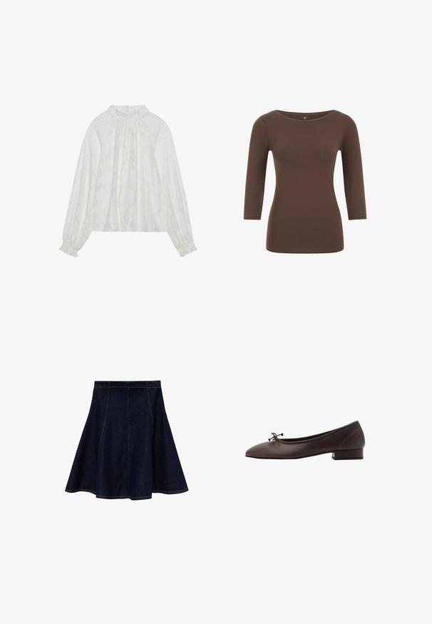 Blouse blanche à manches longues, avec un motif floral texturé, un décolleté froncé et des poignets élastiques. Tissu doux et léger.; Top marron à manches longues avec un col rond, fabriqué dans un matériau doux. Présente un design ajusté et une texture lisse.; Jupe en denim en A de couleur bleu foncé avec des coutures contrastantes jaunes. Présente une taille ajustée avec un ourlet évasé, une texture lisse et sans embellissements.; Ballerines en cuir brun avec un bout rond et un petit talon carré. Présentent un fin nœud à l'avant et des détails de couture subtils.