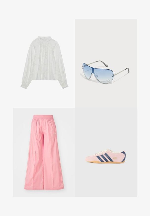 White long-sleeve blouse, featuring a textured floral pattern, gathered neckline, and elastic cuffs. Soft, lightweight fabric.; Pink wide-leg pants made of lightweight fabric, featuring an elastic waistband and subtle white side stripes. Small logo on the front.; Light pink sneaker made of suede with navy blue stripes and accents. Features a light cream tongue and laces, with a gum rubber sole.; Aviator sunglasses featuring a gradient blue lens, silver metal frame, and decorative star accents on the lens. Smooth and sleek design.