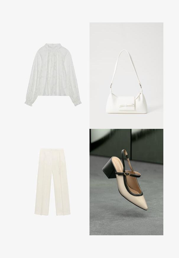 Weiße Bluse mit langen Ärmeln, mit einem strukturierten Blumenmuster, gerafftem Ausschnitt und elastischen Bündchen. Weicher, leichter Stoff.; Weit geschnittene Hosen in einem hellen cremefarbenen Farbton. Hergestellt aus einem glatten Stoff mit Falten an der Vorderseite und seitlichen Taschen.; Beige Slingback-Schuh mit spitzer Zehenpartie, schwarzer Umrandung, goldener Schnalle und dicker Blockabsatz auf grauem Boden vor dunklem grünen Hintergrund.; Weiße synthetische Handtasche in dreieckiger Form, flache Vorderklappe und Schleifendetail, verstellbarer Trageriemen, glatte Textur und minimalistisches Design.