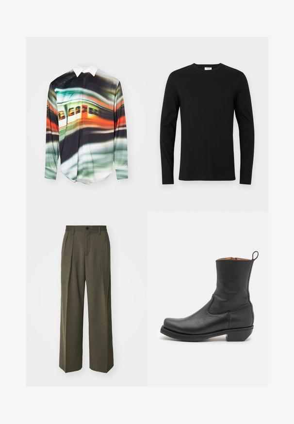 Long-sleeve shirt featuring a vibrant, abstract pattern with green, orange, and black hues. Collared design with a smooth, lightweight texture.; Black long-sleeve T-shirt made of cotton, featuring a crew neckline and a simple design with no visible patterns or embellishments.; Filippa K WIDE TROUSERS - Trousers - driftwood; Black leather ankle boot with a smooth texture, slim profile, side stitching, and a low square heel. Features a pull tab at the back.