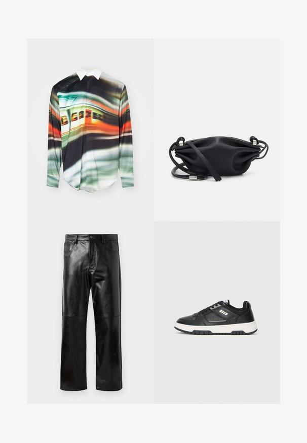 Camicia a maniche lunghe con un motivo astratto vibrante nei toni del verde, arancione e nero. Design con colletto e una texture liscia e leggera.; Pantaloni neri in ecopelle a gamba dritta con passanti per cintura, bottone anteriore, chiusura a zip e dettagli di cucitura visibili sulle ginocchia e sulle tasche.; Sneaker in pelle nera con una finitura testurizzata, suola intermedia bianca, suola esterna in gomma nera e un branding discreto di lato. Lacci tondi e colletto imbottito.; Borsa a tracolla in pelle nera con un design morbido e stropicciato, dotata di una sola tracolla regolabile e dettagli in metallo argentato.