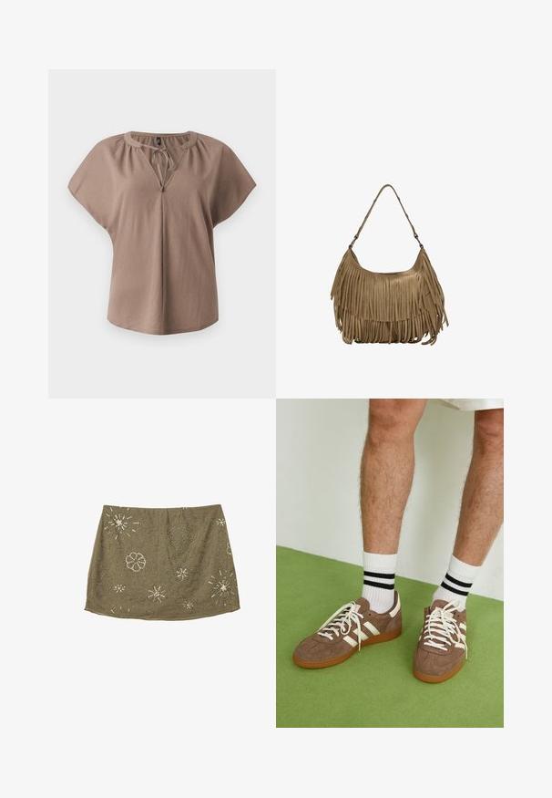 Blusa marrone a maniche corte con scollatura a V, dettaglio con nodo e vestibilità morbida. Realizzata in tessuto morbido con texture liscia e senza motivi.; Gonna verde oliva con vita aderente, con decorazioni in perline argentate in modelli floreali e a stella, che creano un design della superficie testurizzato.; Sneaker in suede marrone con dettagli e lacci bianchi. Suola in gomma color gomma. Indossati con calzini bianchi con righe nere. Pavimento verde texturizzato.; Borsa a tracolla in suede marrone con lunghi dettagli in frange, forma curva e una singola tracolla. Presenta una superficie liscia e testurizzata.