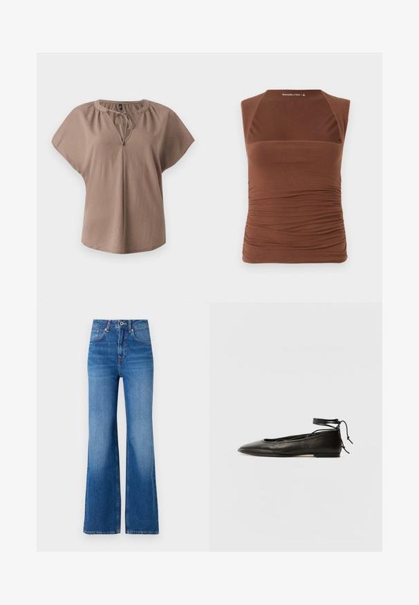 Barna, rövid ujjú blúz V-kivágással, megkötő részlettel és laza szabással. Puha anyagból készült, sima textúrával és minták nélkül.; Barna ujjatlan felső, rugalmas anyagból készült, testhez simuló fazonnal, az oldalakon gyűrődő текстúrával és sima előlappal.; Széles szárú kék farmernadrág magas derékkal, cipzáros nyitással, gombos zárással és finom fakulással a lábak mentén.; Fekete bőr balettcipők hegyes orral, bokakötővel és lapos talppal, sima textúrával és minimalista dizájnnal.