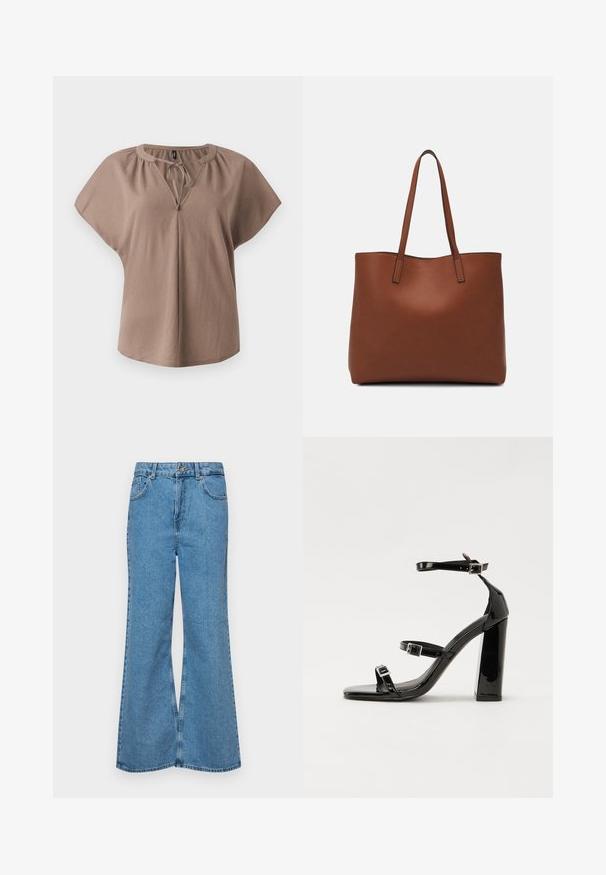 Brown short-sleeve blouse with a V-neck, tie detail, and relaxed fit. Made from soft fabric with a smooth texture and no patterns.; Light blue flared jeans made of denim, featuring a high waist, five pockets, and a single button closure. Soft texture with faded finish.; Black patent heeled sandals with a square toe, ankle straps, and silver buckles. Features a chunky block heel for stability.; Brown leather tote bag with a smooth texture, open top design, and two shoulder straps. Features minimal stitching and no visible hardware.