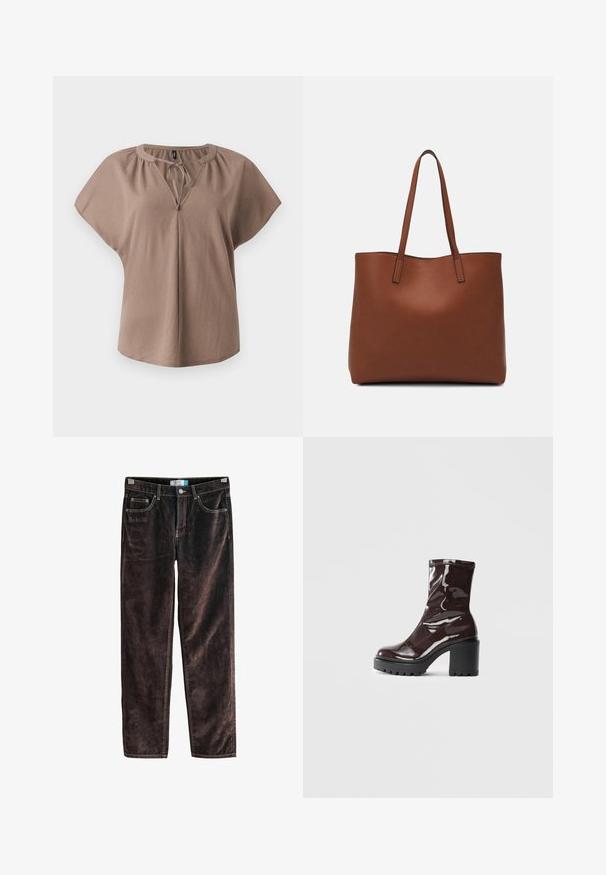 Brown short-sleeve blouse with a V-neck, tie detail, and relaxed fit. Made from soft fabric with a smooth texture and no patterns.; Brown corduroy straight-leg pants with five pockets, contrasting stitching, and a button closure at the waist. Soft texture with ribbed pattern.; Glossy burgundy ankle boot with a chunky black heel, featuring a smooth texture and simple design. No visible fastenings or patterns.; Brown leather tote bag with a smooth texture, open top design, and two shoulder straps. Features minimal stitching and no visible hardware.