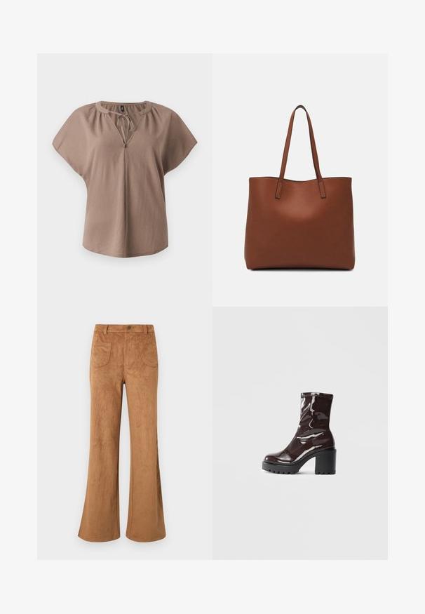 Bluză maro cu mânecă scurtă, decolteu în V, detaliu cu panglică și croi relaxat. Fabricată dintr-un material moale cu o textură netedă și fără modele.; Pantaloni flared din suede maro, cu talie înaltă, buzunare frontale și dorsale, având o textură fină. Construiți pentru o potrivire lejeră pe toată lungimea piciorului.; Botine lucioase burgundy, cu toc gros negru, având o textură netedă și un design simplu. Fără închideri sau modele vizibile.; Geantă de umăr din piele maro cu o textură netedă, design cu vârf deschis și două curele pentru umăr. Prezintă cusături minime și fără componente metalice vizibile.