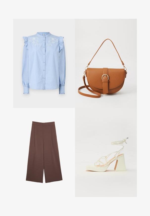 Svijetloplava košulja dugih rukava s detaljima naboranih ramena i cvjetnom vezom na prsima. Ima duge rukave s naboranim manžetama.; Smeđe hlače širokog kroja s glatkom teksturom, koje imaju visok struk i nabore sprijeda. Tkanina je lagana i slobodno se kreće.; Bijela sandala na visokoj potpetici s debelim petom, s remenom i vezanjem oko gležnja. Glatka tekstura s platformom sprijeda za dodatnu visinu.; Smeđa kožna torba preko tijela s zakrivljenim oblikom, zlatnim metalnim detaljima i naglaskom na kopču. Ima odvojivu naramenicu.