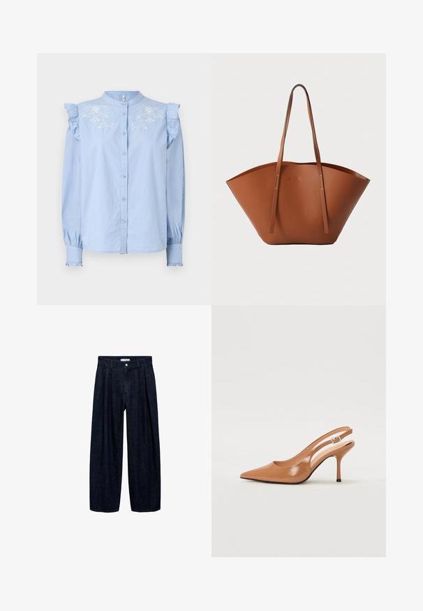 Camicia blu chiaro con bottoni, dettagli arricciati sulle spalle e ricami floreali sul petto. Presenta maniche lunghe con polsini arricciati.; Pantaloni wide-leg in denim scuro con pieghe in vita, dotati di un bottone frontale e passanti per cintura. Texture liscia e design a lunghezza completa.; Tacco slingback a punta affusolata in un materiale tan liscio e lucido. Presenta un design con ritaglio curvo e un sottile tacco a stiletto. Dettaglio con fibbia argentata.; Borsa tote in pelle marrone con una forma ampia e strutturata, manici sottili e una finitura testurizzata. Presenta un design minimalista senza hardware visibile.