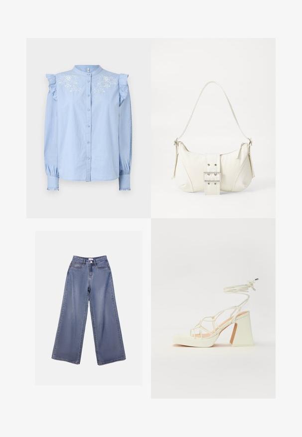 Light blue button-up shirt with ruffled shoulder detail and floral embroidery on the chest. Features long sleeves with gathered cuffs.; Wide-leg denim jeans in a light blue wash, featuring a high waist, front pockets, and a button closure with belt loops.; White high-heeled sandal with a chunky heel, featuring a strappy design and ankle tie. Smooth texture with a platform front for added height.; White shoulder bag with a textured finish, a central buckle accent, and a curved shape. Zipper closures on both sides.