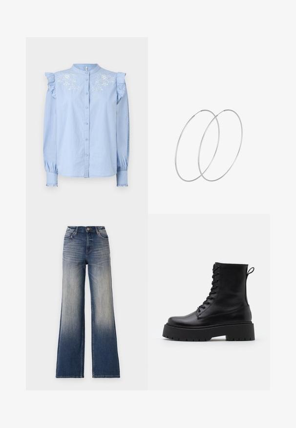 Light blue button-up shirt with ruffled shoulder detail and floral embroidery on the chest. Features long sleeves with gathered cuffs.; High-waisted wide-leg jeans in light to dark blue denim with fading, featuring a button closure and belt loops. Clean hem and no visible embellishments.; Black leather ankle boots with a round toe, lace-up front, and a thick rubber sole featuring a textured tread. Pull tab at the back.; Silver hoop earrings with a minimalist design. Circular shape, smooth texture, and thin profile. Lightweight with a polished finish.