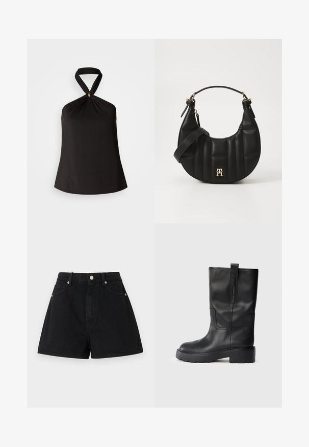 Černý halter top vyrobený z hladké tkaniny, zdobený twistovaným designem krku a dekorativním zlatým akcentem uprostřed. Jednoduchá, volná silueta.; Černé džínové šortky s vysokým pasem, pěti kapsami, stříbrnými detaily a standardním střihem, s hladkým povrchem a čistým provedením.; Černé kožené vysoké boty až ke kolenům s elegantním designem, které mají silnou podrážku a postranní poutko pro snadné obutí. Výrazné švy.; Černá kožená kabelka s zakřiveným tvarem, prošívanou texturou a zlatými detaily. Obsahuje odnímatelný ramenní popruh a detail s logem.