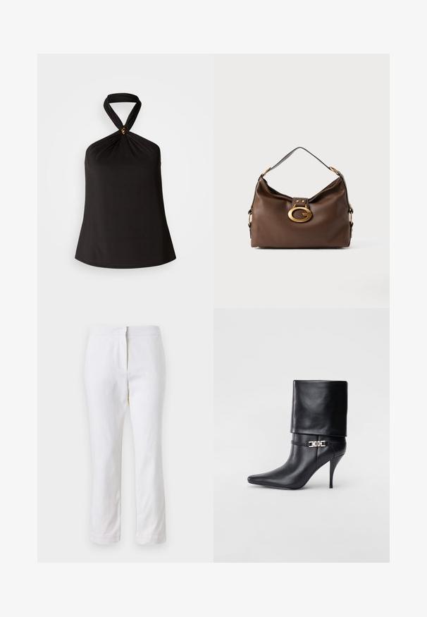Top halter negru, realizat dintr-un material neted, având un design cu gât răsucit și un accent decorativ auriu în centru. Siluetă simplă și fluidă.; Pantaloni din bumbac alb, cu un design drept, având talie medie și fără hardware sau modele vizibile. Textură uniformă pe întreaga suprafață.; Botine negre din piele, cu vârf ascuțit, toc înalt și subțire, cu manșetă pliată și un detaliu decorativ cu cataramă aurie la gleznă.; Geantă de umăr din piele maro cu un finisaj texturat, având un închizător din metal de culoare aurie și un singur mânere curbat.