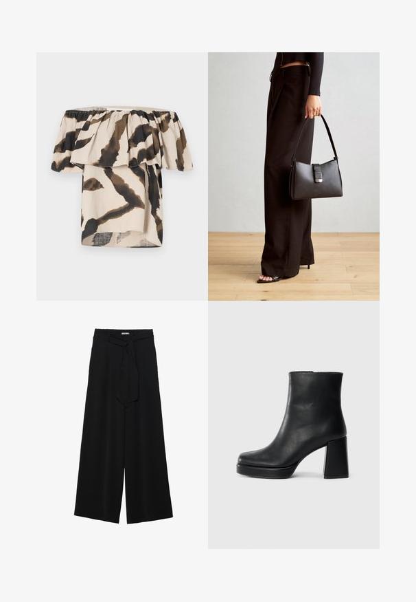 Top a spalle scoperte realizzato in tessuto leggero, con una base beige decorata da una stampa animale astratta nei toni del marrone e del nero e rifiniture a volant.; Pantaloni neri a gamba larga caratterizzati da un tessuto testurizzato, una vita elastica e una cintura staccabile per una vestibilità regolabile.; Stivale alla caviglia in pelle nera con tacco a blocco e suola platform, visto di lato su uno sfondo bianco uniforme.; Borsa nera con forma strutturata, texture liscia e una chiusura metallica. Abbinata a pantaloni neri larghi e sandali open-toe su un pavimento in legno.