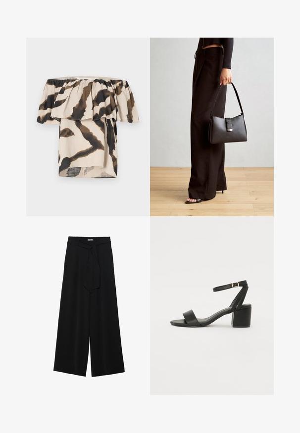 Top bez naramenica napravljen od lagane tkanine, s bež osnovom i smeškim i crnim apstraktnim životinjskim uzorkom te naboranim detaljima.; Crne široke hlače od teksturirane tkanine, s elastičnom pojasom i odvojivim remenom na struku za prilagodivo pristajanje.; Crne sandale na visoku petu s glatkim kožnim gornjim dijelom, otvorenom kapicom, širokim prednjim trakama i podesivim remenom oko gležnja s detaljem zlatne kopče.; Crna torba s oblikom koji sadrži strukturu, glađu teksturu i metalnu kopču. Uparena s širokim crnim hlačama i sandalama na otvorenom s drvenog poda.
