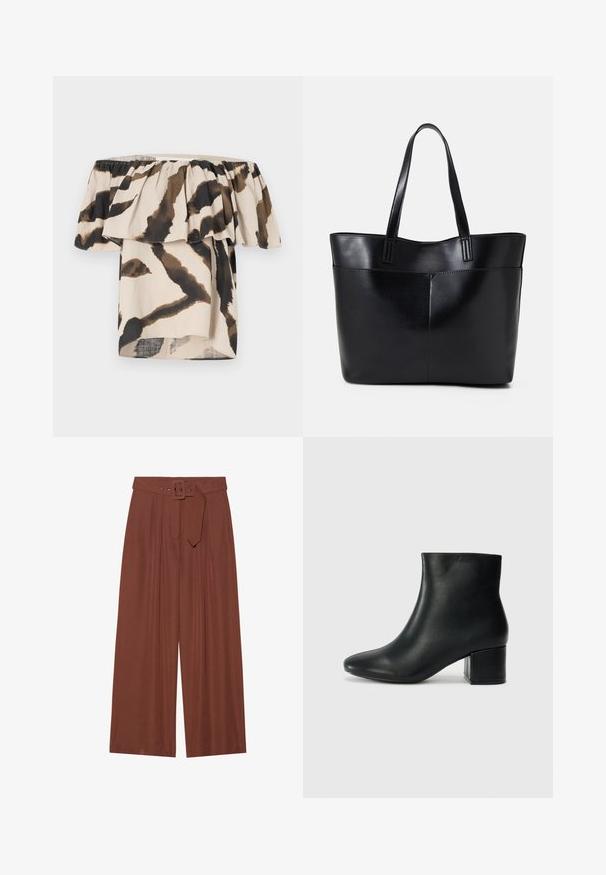 Off-the-shoulder top made of lightweight fabric, featuring a beige base with brown and black abstract animal print and ruffled accents.; Wide-leg trousers in brown fabric, featuring a belt with a square buckle, pleated design, and smooth texture.; Black leather ankle boots with a pointed toe and a chunky heel. Smooth texture with minimal accents and a sleek, fitted design.; Black leather tote bag with two long handles, a smooth texture, and a structured shape. Features a front pocket for additional storage.