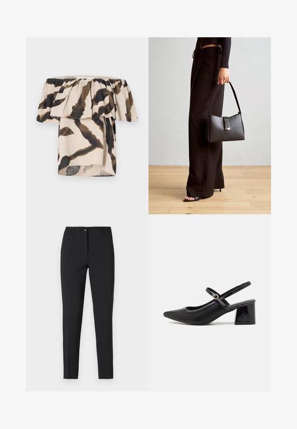 Top off-the-shoulder dintr-un material ușor, cu o bază bej și imprimeu abstract de animale în nuanțe de maro și negru, accentuat cu volane.; Pantaloni negri ajustați dintr-un material fin, cu un talie clasică, fermoar frontal și buzunare laterale, având un design elegant și croit.; Cizme cu toc slingback din piele sintetică lacuită neagră, cu vârful ascuțit, un design cu decupaj rotunjit și toc bloc. Include un accent cu cataramă de culoare aurie.; Genți negre cu o formă structurată, textură netedă și un închizător metalic. Asortată cu pantaloni negri largi și sandale cu vârf deschis pe un podea din lemn.