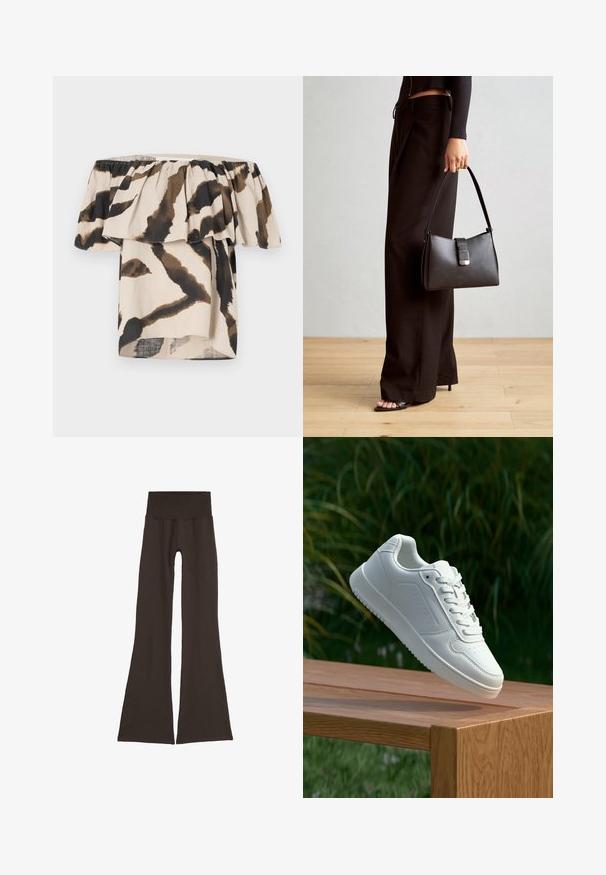 Nuo peties nusileidžianti palaidinė, pagaminta iš lengvo audinio, su smėlio spalvos pagrindu, kurį puošia rudos ir juodos abstrakčios gyvūnų raštai bei raukiniai.; Tamsiai rudos spalvos platėjančios legginsai su plačiu, raukinėtu juosmeniu. Pagaminti iš minkštos, elastingos medžiagos, su besiūle struktūra ir be matomos aparatūros.; Balti sneakeriai su lygia sintetine viršutine dalimi, perforuota pirštų zona, plokščiomis raištelėmis ir tekstūruotu padu, padėti ant medinės paviršiaus.; Juodas rankinė struktūrizuota forma, lygi tekstūra ir metalinis užsegimas. Suporuota su plačiomis juodomis kelnėmis ir atvirais bateliais ant medinių grindų.