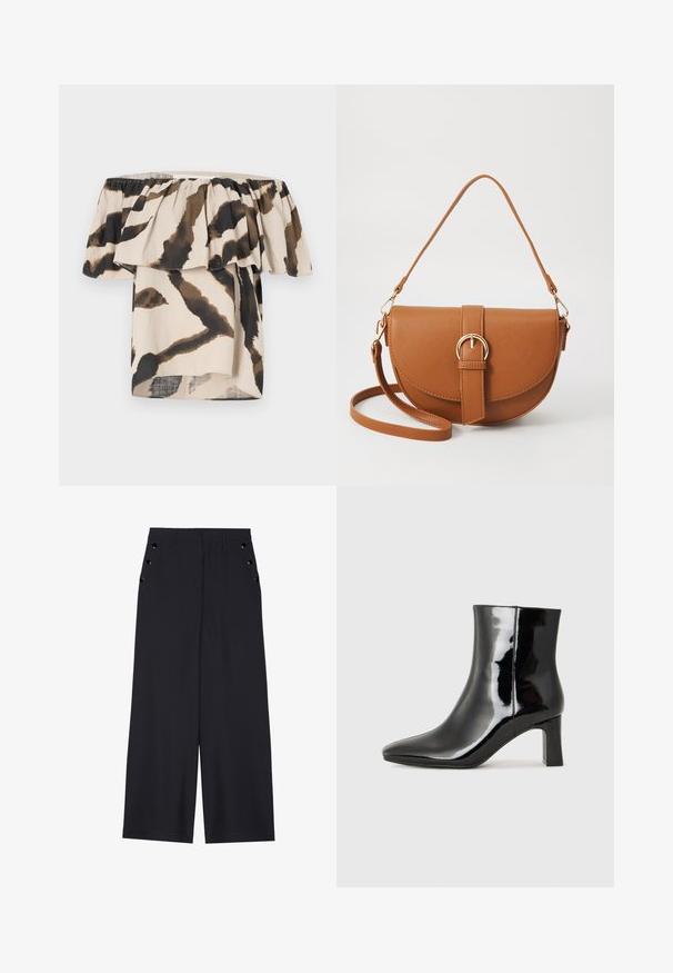 Haut décolleté en tissu léger, avec une base beige ornée d'imprimés animaliers abstraits marron et noir, et des accents volantés.; Pantalons ample en tissu bleu marine foncé, avec une texture lisse, des plis avant et des œillets décoratifs en ton doré sur les poches latérales.; Bottines en cuir verni noir avec un bout pointu et un talon block de hauteur moyenne. Texture lisse et design minimaliste.; Sac bandoulière en cuir marron avec une forme incurvée, quincaillerie dorée et un accent en boucle. Comprend une bandoulière détachable.