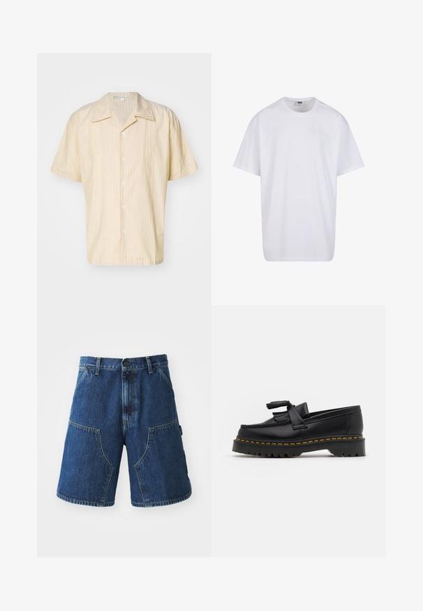Kortermet skjorte i lys gul med hvite vertikale striper, med krage og fem knapper foran. Myk tekstur.; Hvit bomull t-skjorte med korte ermer, rund utringning, avslappet passform, og ingen synlige logoer eller mønstre. Glatt tekstur og minimalistisk design.; Jeansshorts med en mørkeblå vask, med store frontlommer, knappelukking og synlige sømmer langs sømmene.; Svart skinn loafers med en kvastdetalj, med en tjock svart sula och gul sömnad längs kanten. Texturerad yta.