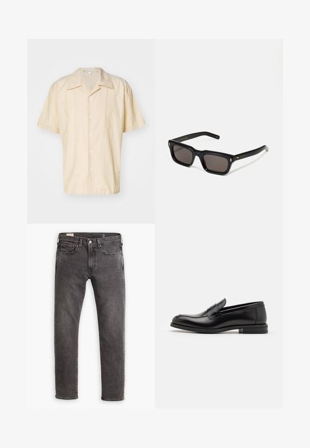 Camisa de manga curta em amarelo claro com riscas verticais brancas, apresentando um decote com colarinho e fecho frontal com cinco botões. Tecido de textura suave.; Jeans de ganga cinza com corte reto, design de cinco bolsos e fecho de botão. Apresentam desbotamento sutil e costura tonal em toda a peça.; Mocassins de couro preto com uma textura suave, bico arredondado e uma faixa decorativa sobre o peito do pé. Salto baixo e empilhado, design minimalista.; Óculos de sol retangulares pretos com lentes escuras, armação de plástico espesso, detalhes em dourado nas hastes e logotipo da marca gravado na lateral.