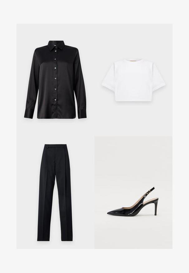 Black satin long-sleeve shirt with a collared neckline, front button closure, and single-button cuffs. Smooth texture with a slightly relaxed fit.; Cropped white t-shirt made of soft fabric, featuring short sleeves, a round neckline, and ribbed hem details. Simple and unembellished design.; Black trousers made from smooth fabric featuring a high waist, wide legs, front pleats, and classic belt loops. No side pockets visible.; Black patent leather slingback pump with pointed toe, slim heel, and a subtle cutout design. Features a gold buckle on the strap.