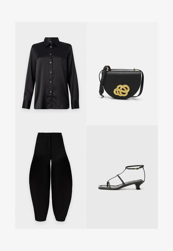 Black satin long-sleeve shirt with a collared neckline, front button closure, and single-button cuffs. Smooth texture with a slightly relaxed fit.; Black wide-leg trousers with a high waist, pleated front, and tapered ankles. Made from smooth fabric with a matte finish.; Black leather sandal with a square toe, thin straps, adjustable ankle strap, and a low heel. Features a small gold accent on the strap.; Black leather handbag with a rounded shape, featuring a large gold decorative knot on the front and an adjustable strap.