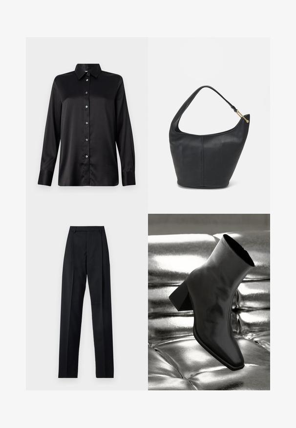Zwarte satin lange mouwen shirt met een kraaghals, knoopsluiting aan de voorkant en mouwen met een enkele knoop. Gladde textuur met een iets ontspannen pasvorm.; Zwarte broek gemaakt van gladde stof met een hoge taille, wijde benen, voorplooien en klassieke ceintuurlussen. Geen zijzakken zichtbaar.; Zwarte enkellaarsjes van glanzend materiaal met een vierkante neus en taps toelopende hak, afgezet tegen een glanzende zilveren gecapitonneerde achtergrond.; Zwarte leren handtas met een ronde vorm, een brede schouderriem en een gestructureerde afwerking. Bevat subtiele naaddetails en een gouden hardwareaccent.