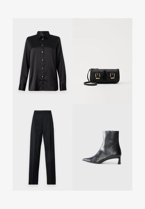 Sort satin langærmet skjorte med krave, frontlukning med knapper og enkeltknap til manchetterne. Glat tekstur med en let afslappet pasform.; Sorte bukser lavet af glat stof, der har høj talje, brede ben, frontfolder og klassiske bælteløkker. Ingen synlige sidelommer.; Sort læder ankelstøvle med spids tå og et strømlinet design. Har en lav hæl og en lynlås lukning bagpå. Glat tekstur.; Sort læder crossbody taske med to frontlommer, guldspænder, lynlåslukning og en slank rem. Struktureret overflade og kompakt rektangulær form.