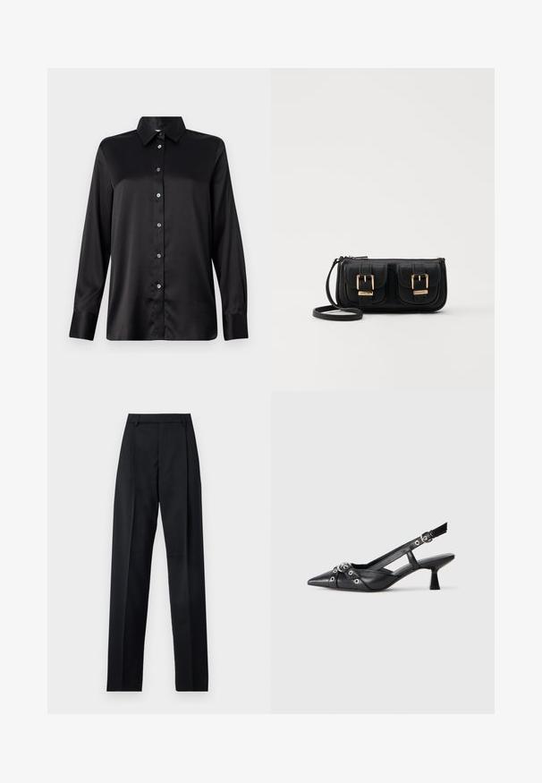 Čierna saténová košeľa s dlhým rukávom, golierom, predným zapínaním na gombíky a manžetami na jeden gombík. Hladká textúra s mierne uvoľneným strihom.; Čierne nohavice vyrobené z hladkej látky s vysokým pásom, širokými nohavicami, prednými záhybmi a klasickými pútkami na opasok. Žiadne bočné vrecká nie sú viditeľné.; Čierne kožené slingback topánky s špicatou špičkou, ozdobnými popruhmi s kovovými očkami a nízkym blokovým podpätkom. Textúrovaný povrch.; Čierna kožená crossbody taška s dvoma prednými vreckami, zlatými sponami, zipsovým uzatváraním a úzkym popruhom. Štruktúrovaný povrch a kompaktný obdĺžnikový tvar.