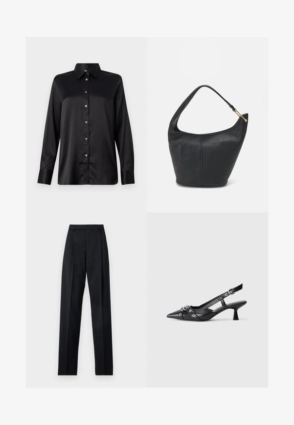 Schwarzes Satin-Hemd mit langen Ärmeln, Kragen, Knopfverschluss vorne und Ein-Knopf-Manschetten. Glatte Textur mit einem leicht lockeren Schnitt.; Schwarze Hosen aus glattem Stoff mit hoher Taille, weitem Bein, vorderen Falten und klassischen Gürtelschlaufen. Keine sichtbaren Seitentaschen.; Schwarzer Leder-Slingback-Schuh mit spitz zulaufender Zehenpartie, dekorativen Riemen mit METALLÖSEN und niedrigem Blockabsatz. Strukturelle Oberfläche.; Schwarze Lederhandtasche mit abgerundeter Form, breitem Tragegurt und strukturiertem Finish. Besitzt eine subtile Nahtdetails und einen Akzent aus goldfarbenem Metall.