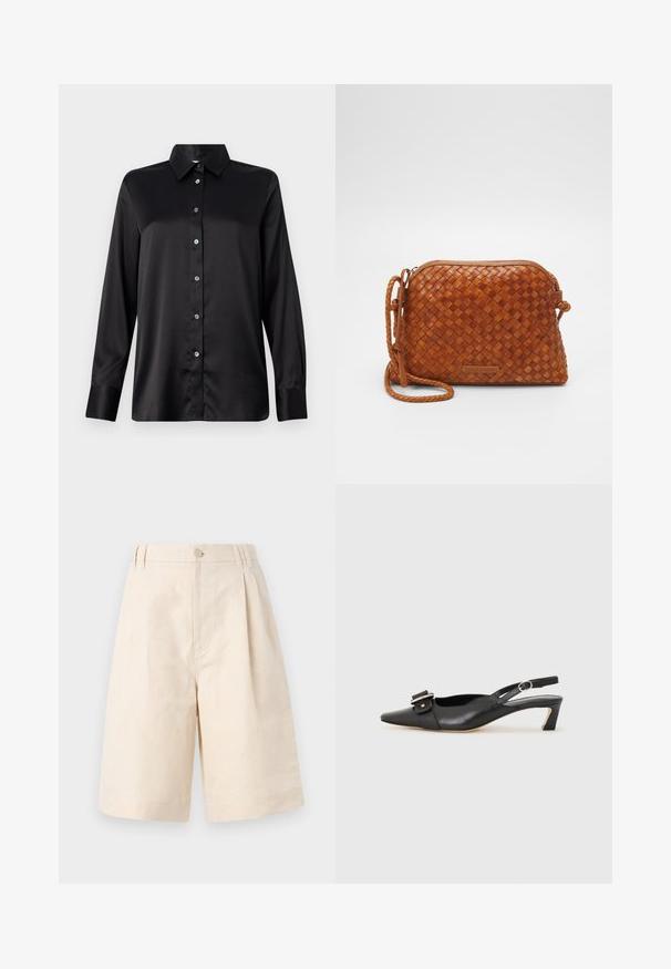 Sort satin langærmet skjorte med krave, frontlukning med knapper og enkeltknap til manchetterne. Glat tekstur med en let afslappet pasform.; Beige linned shorts med en afslappet pasform, med knaplukning, plisseret design og knælang længde. Glat tekstur og enkel stil.; Sorte læder slingback sko med spidse tæer, lille hæl og dekorativ spænde detalje på overdelen. Glat tekstur, minimalistisk design.; Brun vævet læder crossover taske med lynlåslukning, rund form og en flettet skulderrem. Har en lille, rektangulær logoplade.