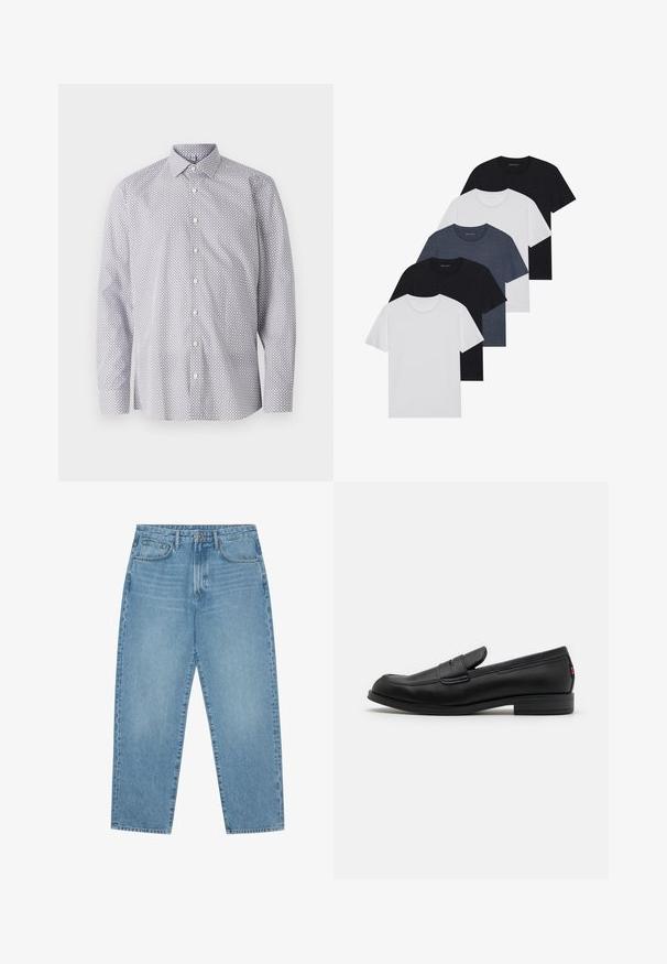 Langärmliges Hemd in Weiß mit einem schwarzen geometrischen Muster, mit klassischem Kragen, Knopfleiste und weichem Baumwollstoff.; Set aus fünf T-Shirts in Schwarz, Weiß und Marineblau. Baumwollstoff, kurze Ärmel, Rundhalsausschnitt und schlichte Textur ohne Muster.; Hellblaue Jeans aus Denim mit geradem Bein, Fünf-Taschen-Design und leicht verwaschener Textur. Mit Knopf- und Reißverschluss ausgestattet.; Schwarze Lederloafer mit glatter Oberfläche, abgerundetem Zehenbereich und einem kleinen dekorativen Riegel. Ausgestattet mit einem niedrigen, gestapelten Absatz und einem dezenten Markenlogo.