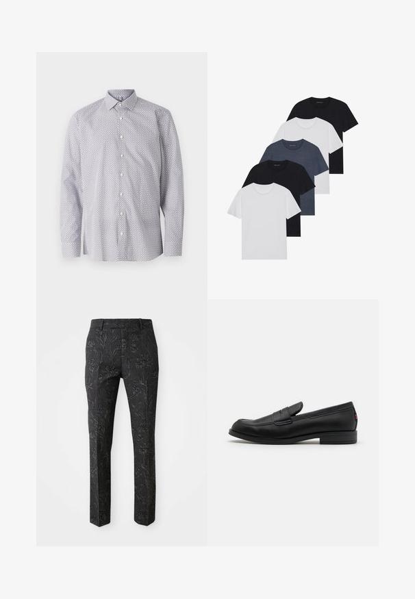 Pitkähihainen valkoinen paita mustalla geometrisella kuviolla, jossa on klassinen kaulus, nappilista ja pehmeä puuvillakangas.; Viisi t-paitaa mustana, valkoisena ja tummansinisena. Puuvillakankainen, lyhyet hihat, pyöreä kaula-aukko ja yksinkertainen pinta ilman kuvioita.; Tummanharmaat housut, joissa on kohokuvioitu kukkakuosi, kapeat lahkeet ja sileä pinta. Varustettu tavanomaisella vyötäröllä.; Mustat nahkaloafersit, joissa on sileä pinta, pyöreä kärki ja pieni koristeellinen läppä. Varustettu matalalla pinotulla korolla ja huomaamattomalla brändityksellä.